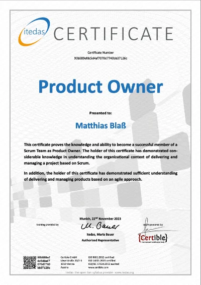 Zertifikat - CSP Product Owner für Matthias Blaß