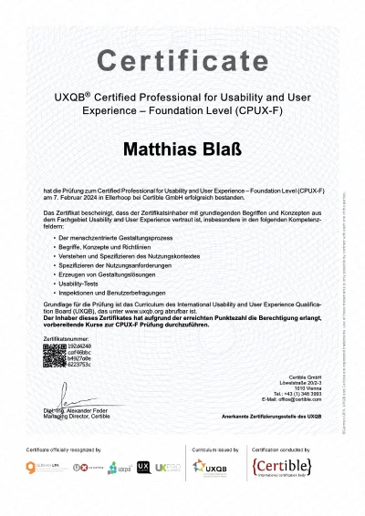 Zertifikat - Certified Professional for Usability and User Experience - CPUX-F